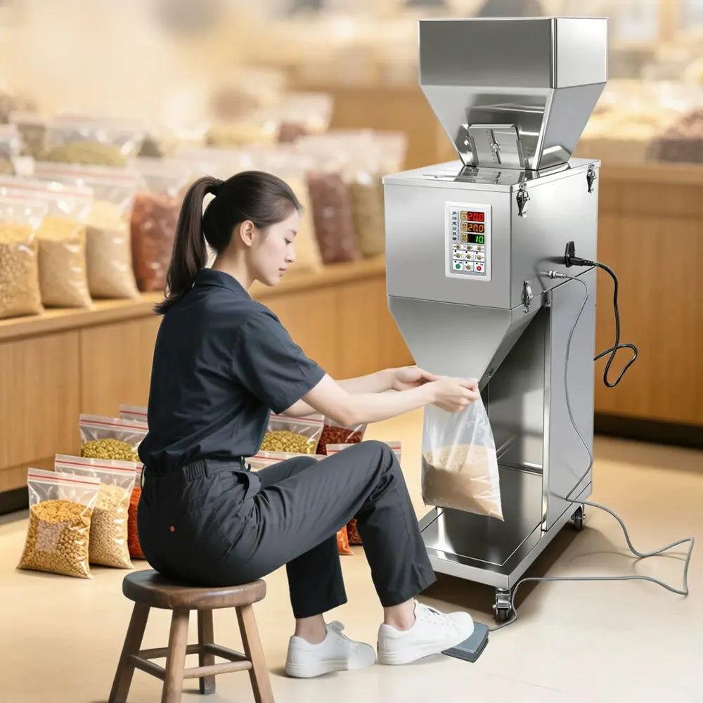 Particle Filling Machine, Automatic Particle Packaging Machine, 10~999g Powder Filling Machine, Bottle Bag Packing Machine with Wheels, Multi-Functional Weighing Machine for Rice