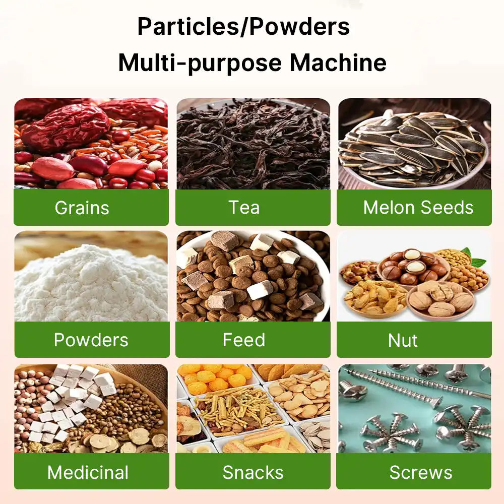Particle Filling Machine, Automatic Particle Packaging Machine, 10~999g Powder Filling Machine, Bottle Bag Packing Machine with Wheels, Multi-Functional Weighing Machine for Rice