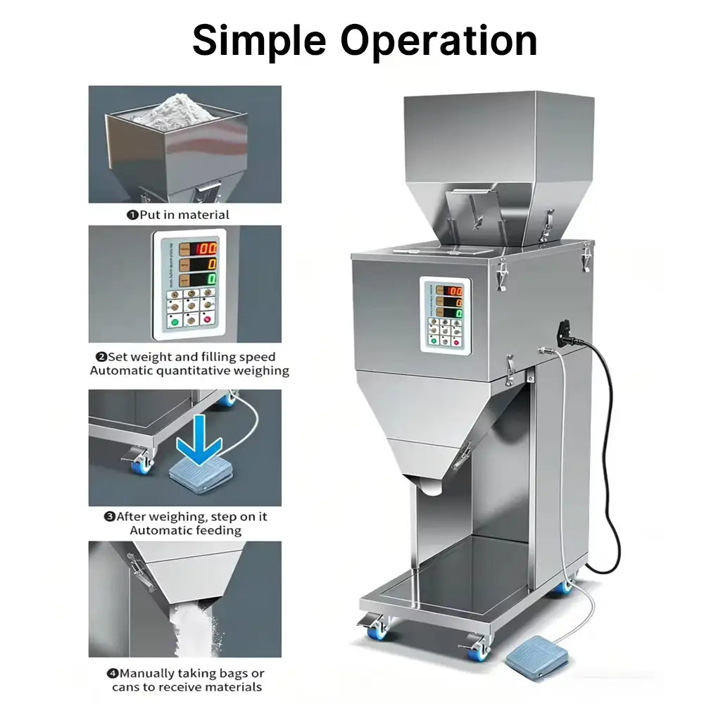 Particle Filling Machine, Automatic Particle Packaging Machine, 10~999g Powder Filling Machine, Bottle Bag Packing Machine with Wheels, Multi-Functional Weighing Machine for Rice