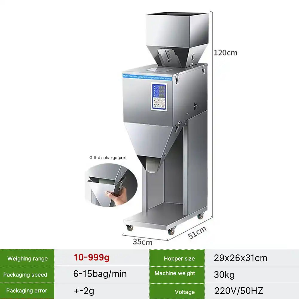 Particle Filling Machine, Automatic Particle Packaging Machine, 10~999g Powder Filling Machine, Bottle Bag Packing Machine with Wheels, Multi-Functional Weighing Machine for Rice