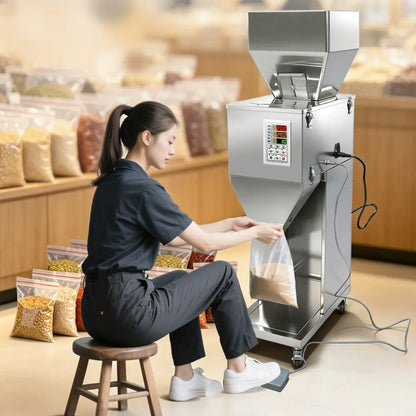 Particle Filling Machine, Automatic Particle Packaging Machine, 10~999g Powder Filling Machine, Bottle Bag Packing Machine with Wheels, Multi-Functional Weighing Machine for Rice